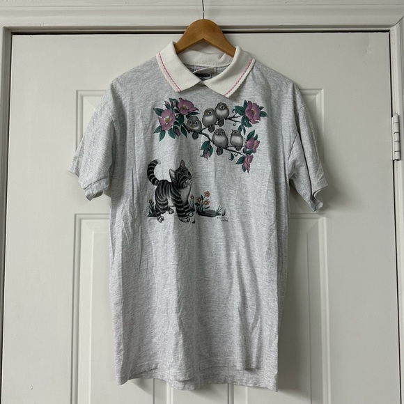 Vintage Cat and Bird Collared Tee - Picture 1 of 2